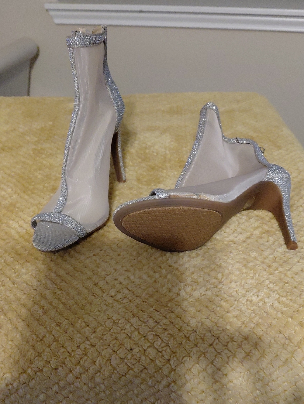 Silver Glitter Peep-Toe Stiletto Booties - Womens